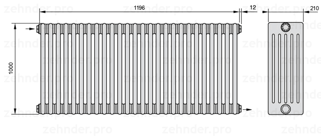 Схема (чертеж) Радиатор Zehnder Charleston 6100/26 №1670 Белый глянцевый RAL 9016